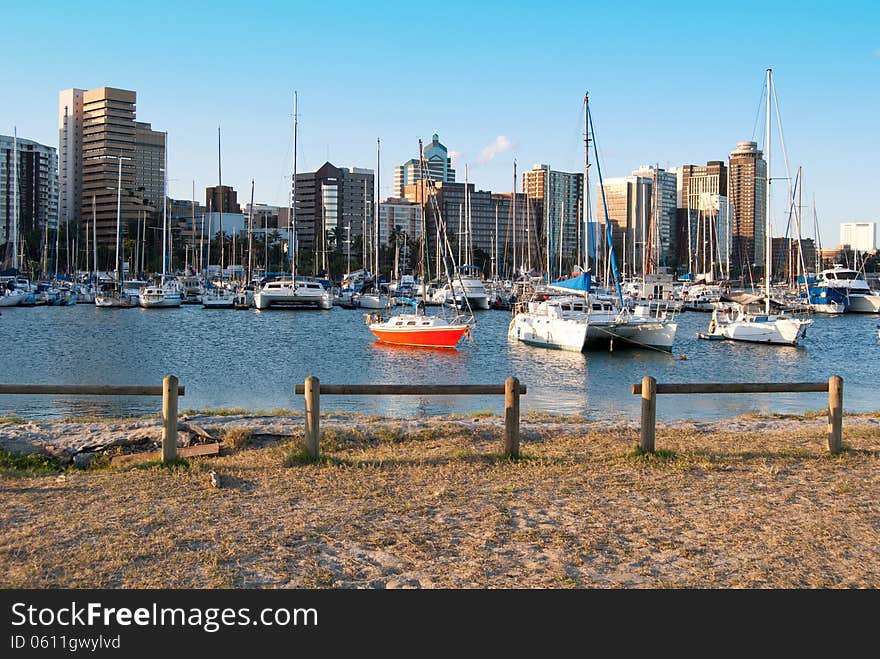 Small yachts nestle together in Durban small craft harbour with the city sky line in the background, KwaZulu Natal, South Africa