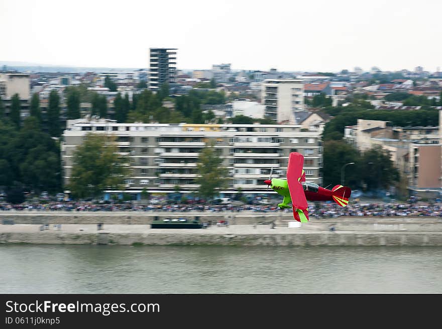 Plane taking part in an exhibition on traditional airshow in Novi Sad on Danube river, on September 22, 2013 in Novi Sad, Serbia. Plane taking part in an exhibition on traditional airshow in Novi Sad on Danube river, on September 22, 2013 in Novi Sad, Serbia