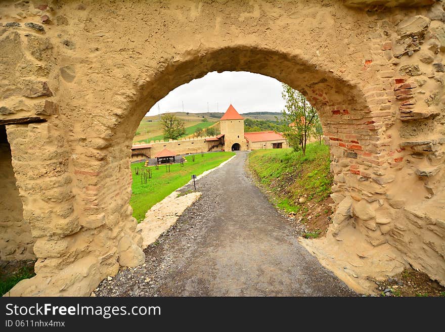 View of the gate tower of the medieval fortress from Rupea.