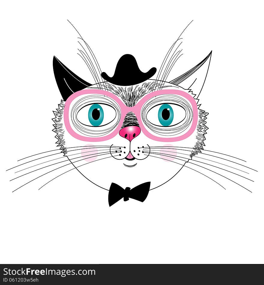 Portrait of a cat in a hat and hipster glasses on a white background. Portrait of a cat in a hat and hipster glasses on a white background