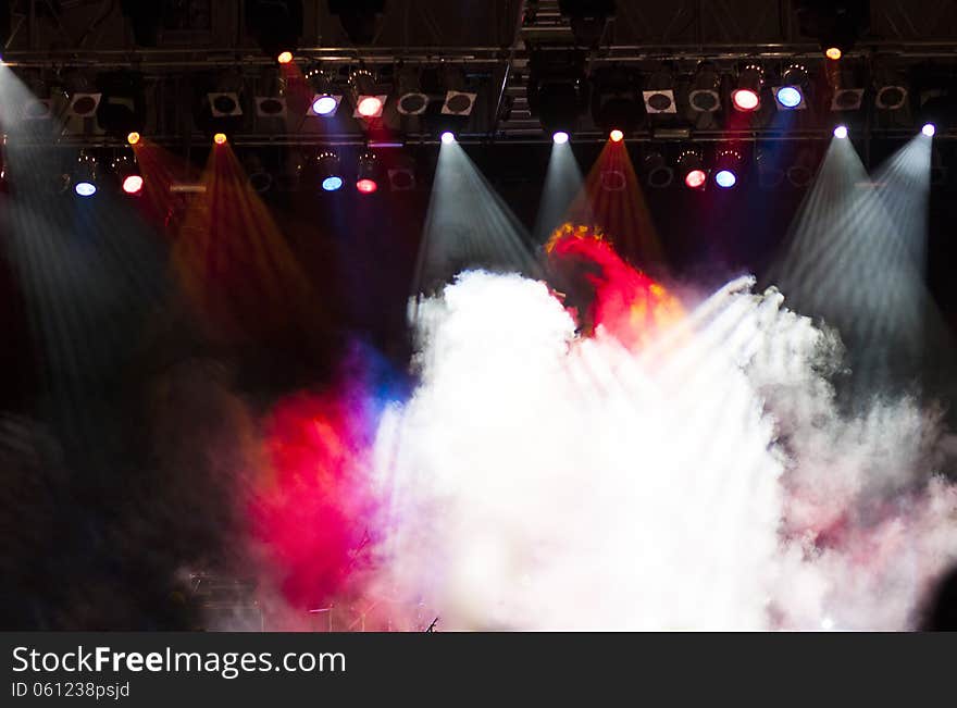 Stage lights and reflectors during concert. Stage lights and reflectors during concert