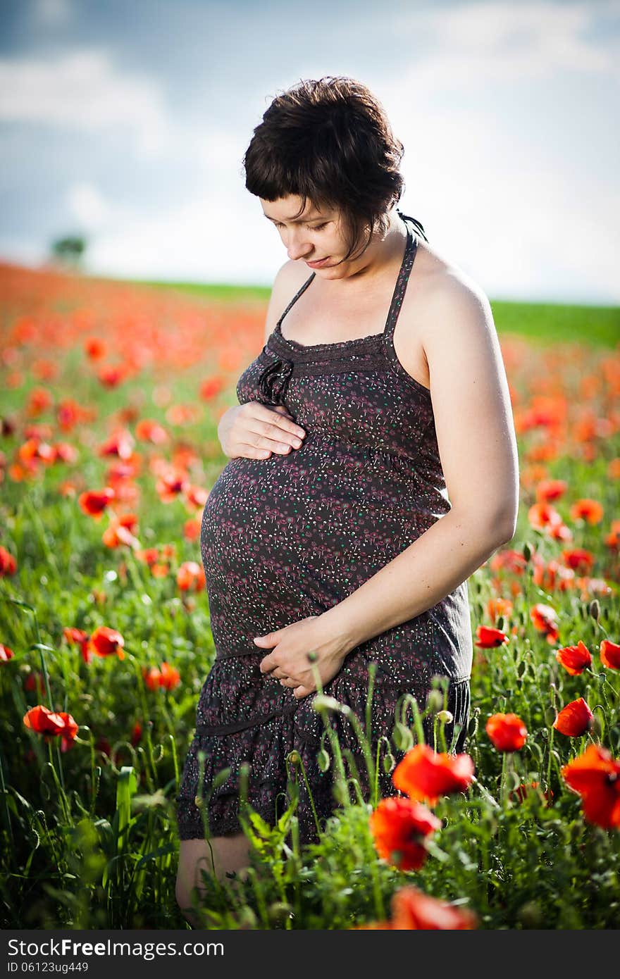 Pregnant Happy Woman In A Flowering Poppy Field