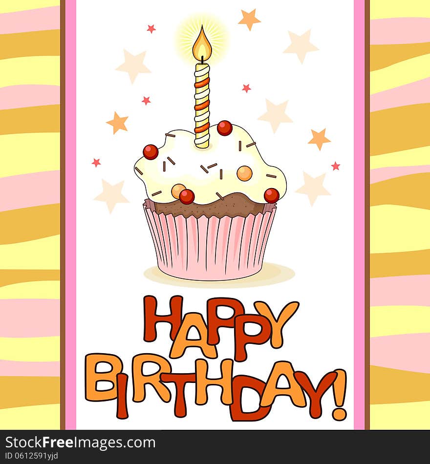 Birthday card with cartoon cupcake and small candle