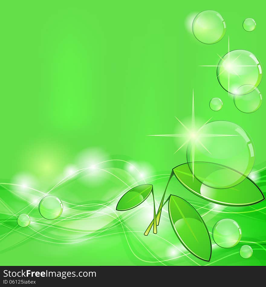 Bright green background with bubbles and plant