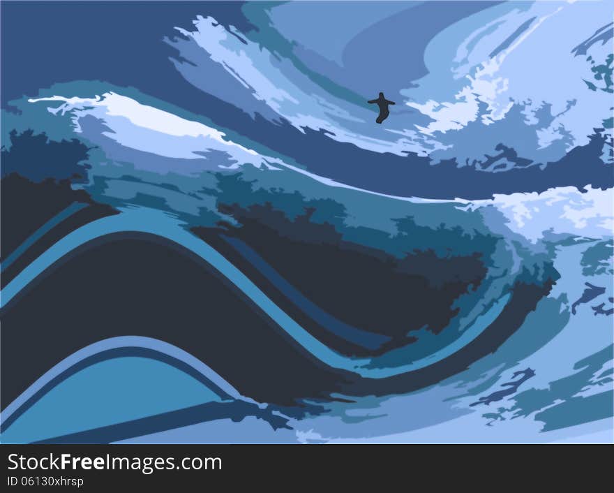 Illustration of a surfer in large ocean waves. Illustration of a surfer in large ocean waves