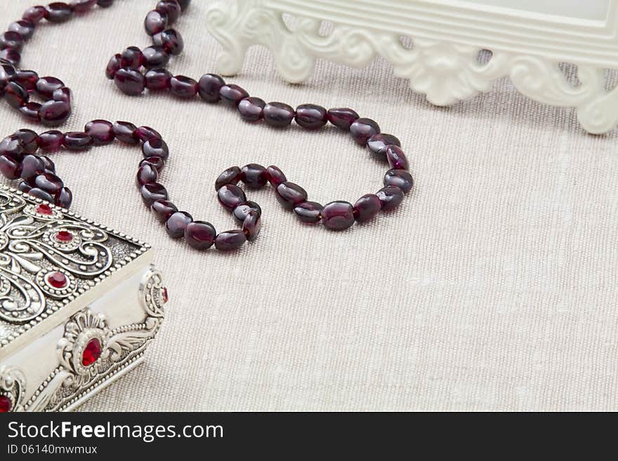 Garnet necklace and vintage silver jewelry box