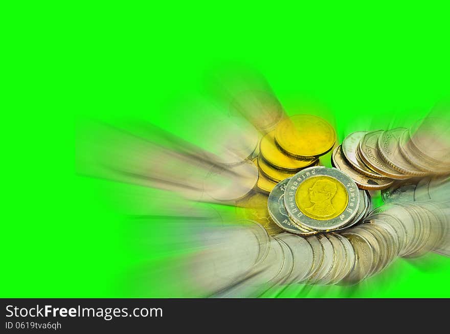 Coins of Thailand on green background. Coins of Thailand on green background