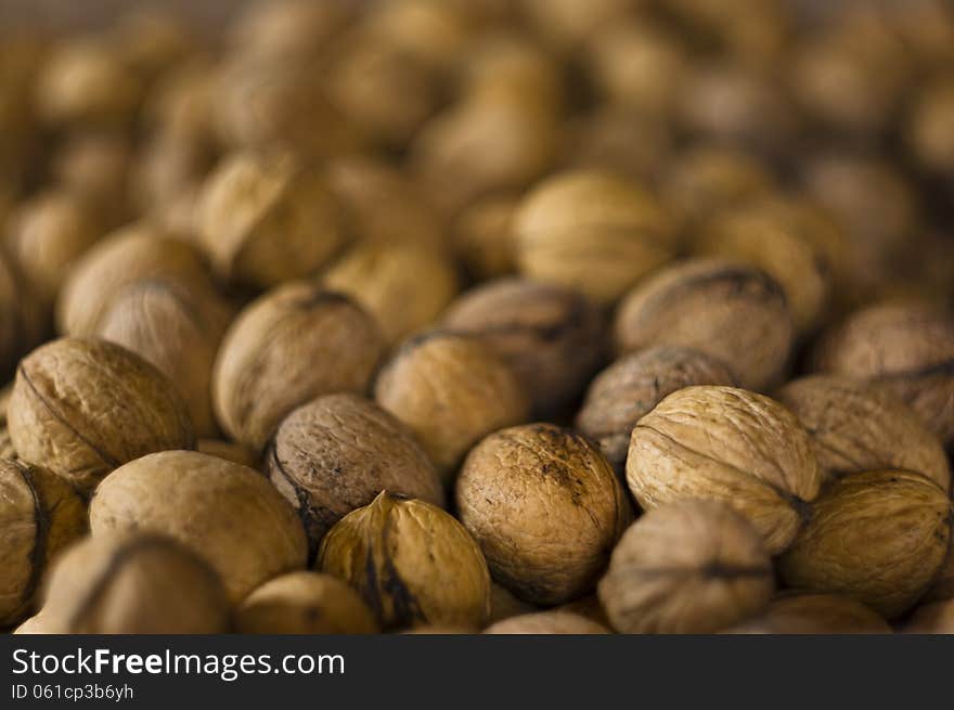 Walnut closeup selective focus background. Walnut closeup selective focus background