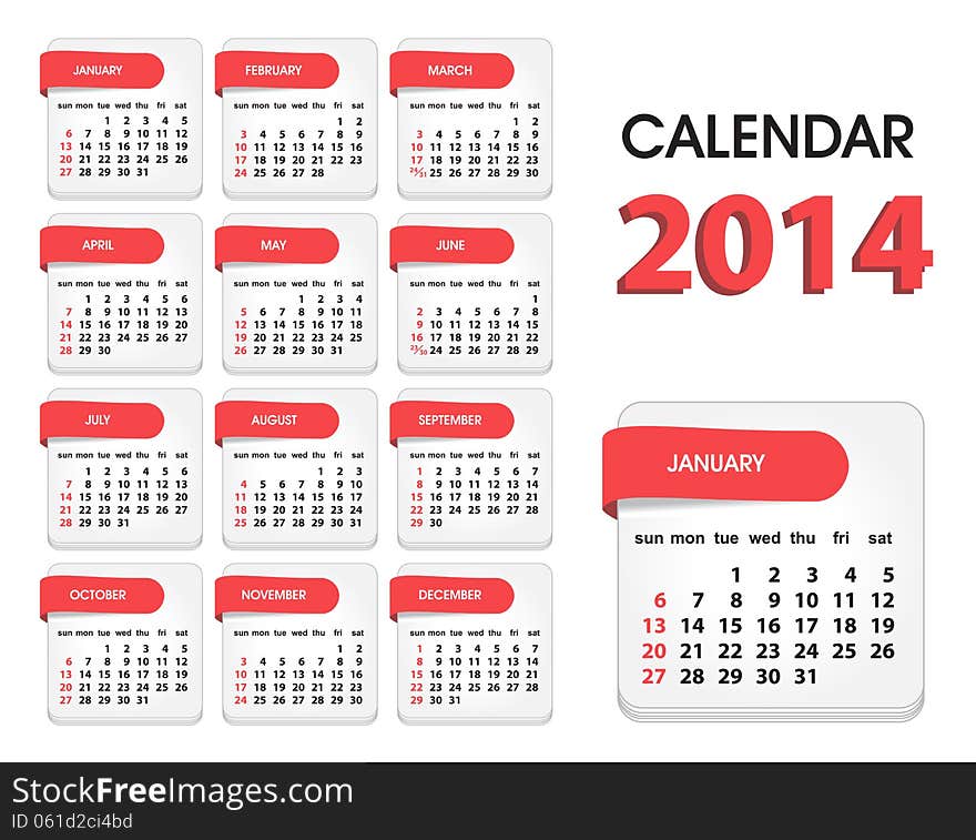 Vector Calendar 2014, All Elements Are In Separate Layers And Grouped, Easy To Edit.