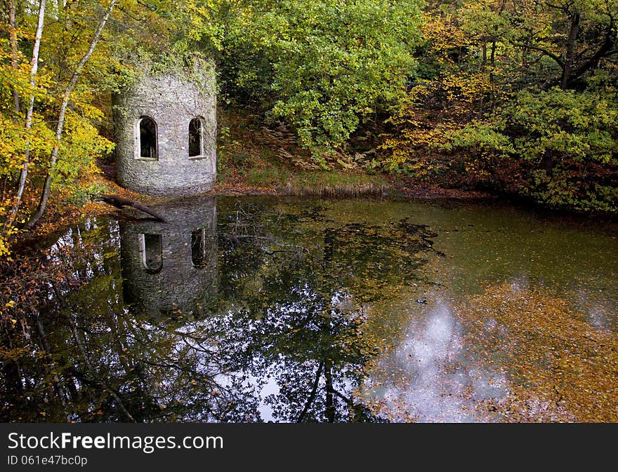 Autumn Leaves around a Victorian Folly and Old Quarry Pond, Woodhouse Eaves, Leicestershire