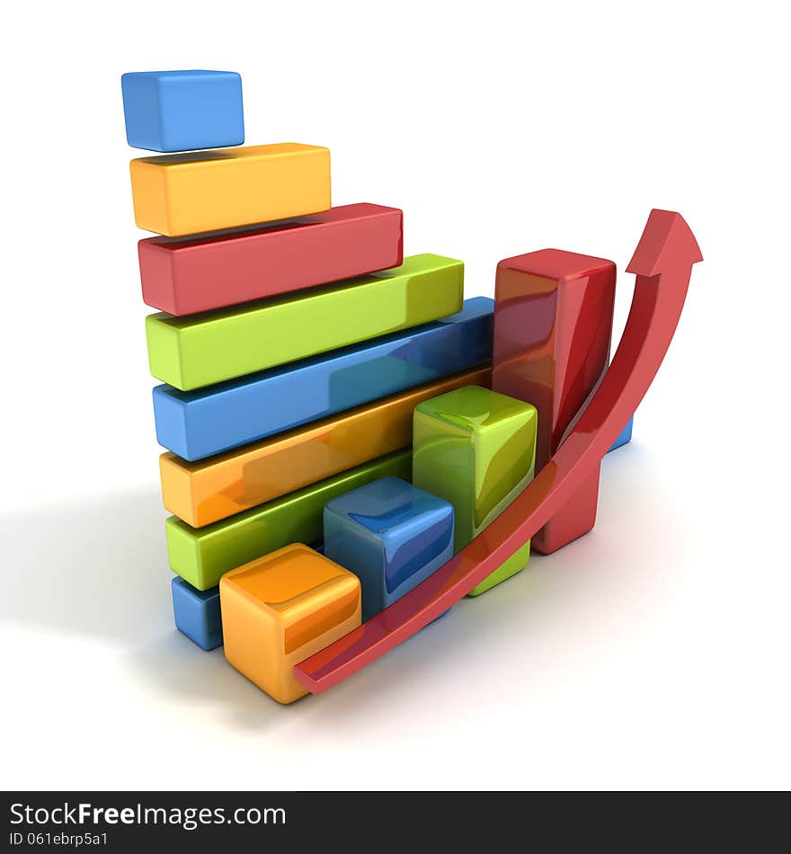 Colorful success business bar graph with growing up arrow 3d