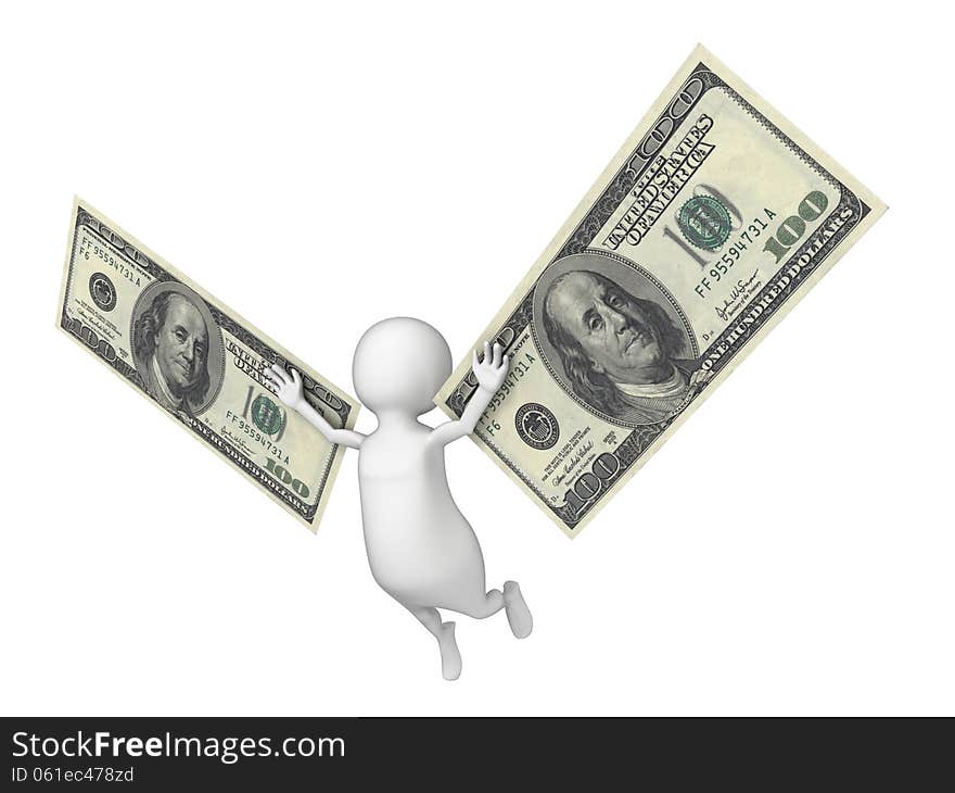 Flying 3D man with a wings made of dollar cash 3d