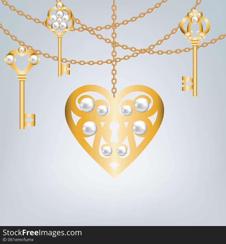 Background with gold skeleton key and lock shaped heart