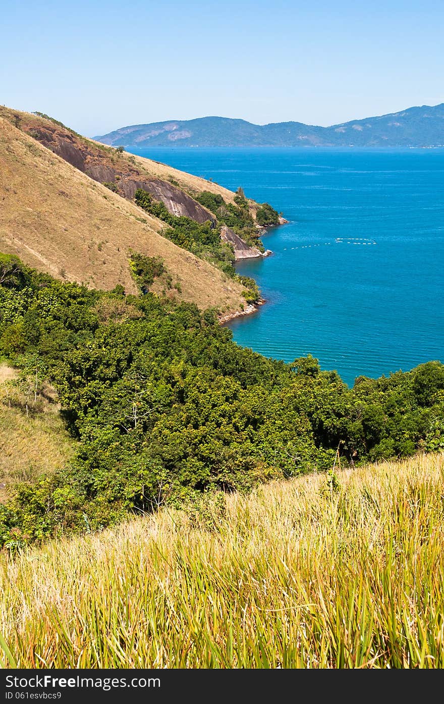 Grass Field With An Ocean And An Island In The Horizon.