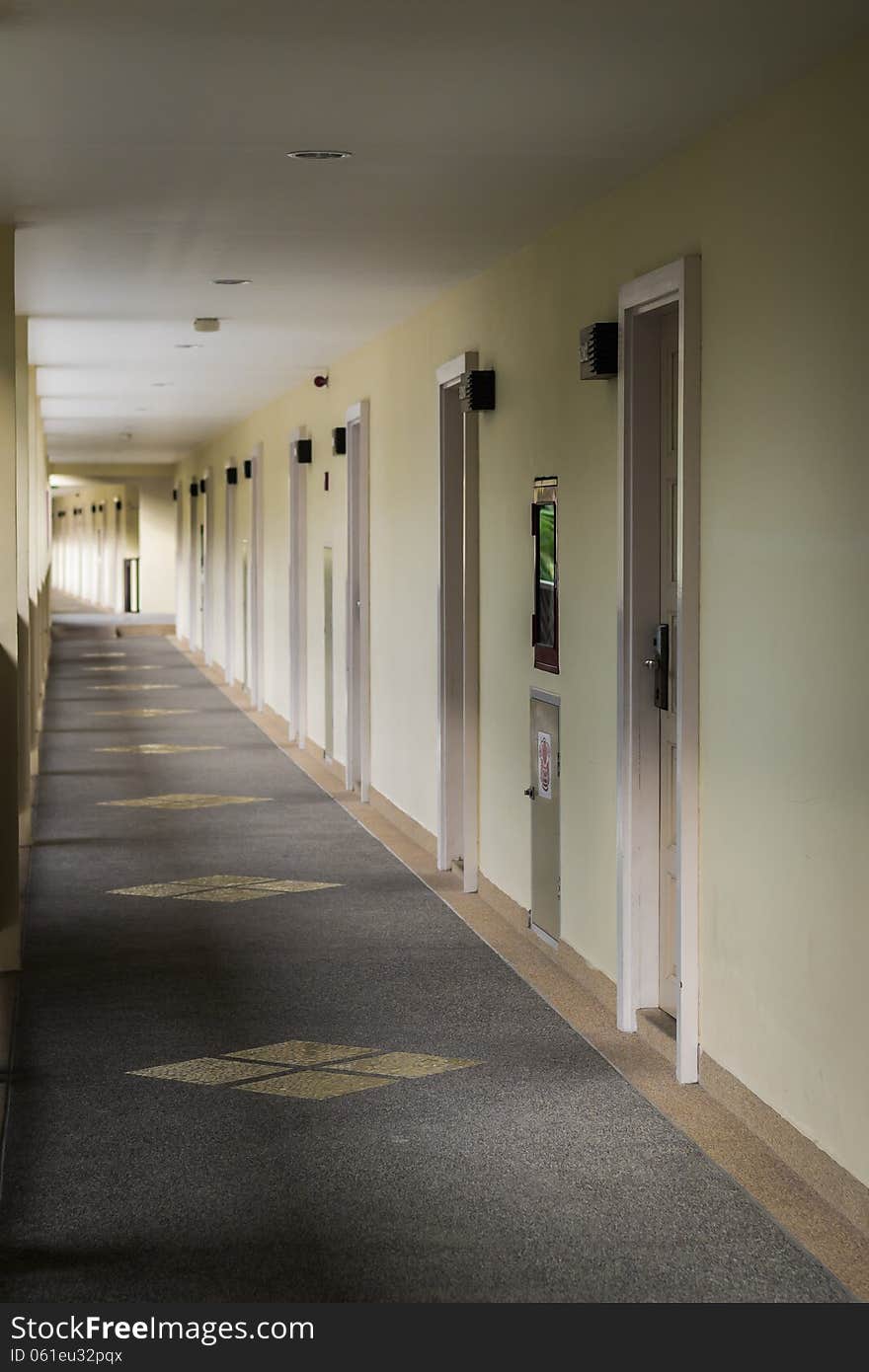 Corridor in a hotel with adjoining rooms