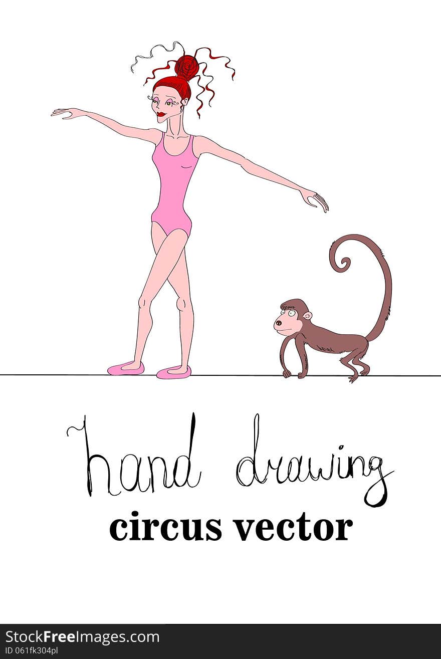 Hand drawn circus rope-walker and monkey