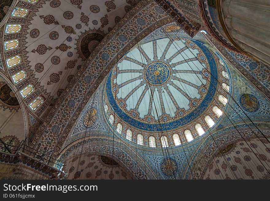 The interior decorations and the dome of the Sultan Ahmed Mosque (The Blue Mosque) in Istanbul. The mosque was built from 1609 to 1616, during the rule of Ahmed I. The interior decorations and the dome of the Sultan Ahmed Mosque (The Blue Mosque) in Istanbul. The mosque was built from 1609 to 1616, during the rule of Ahmed I.