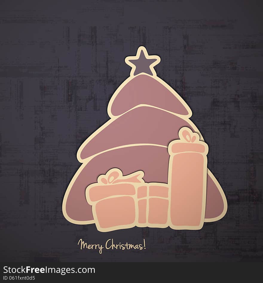 Merry Christmas paper stickers with tree on grunge background. Merry Christmas paper stickers with tree on grunge background