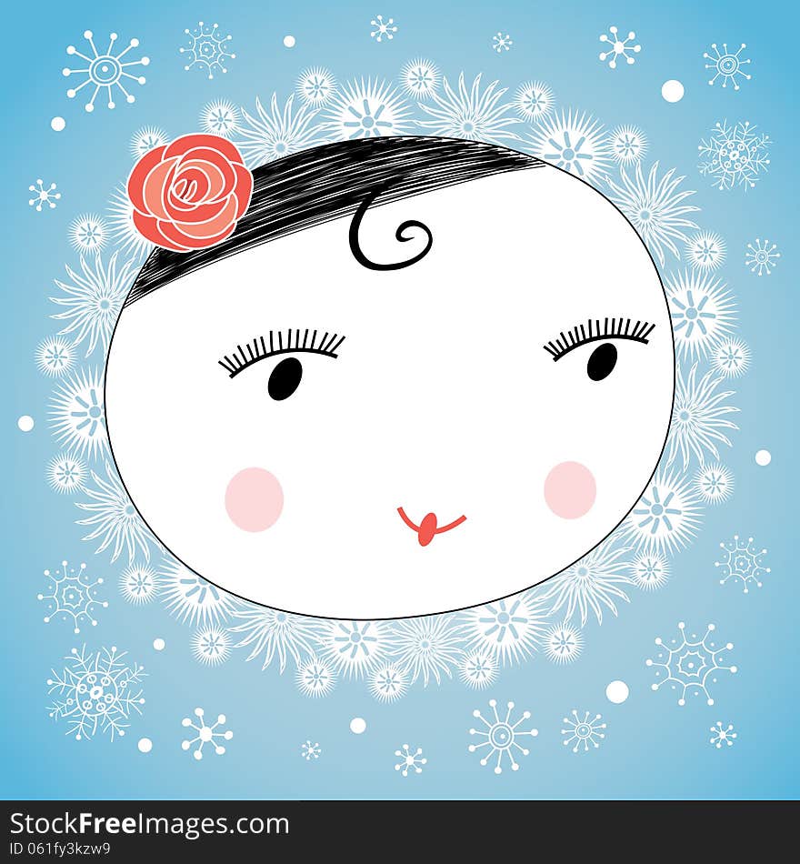 Graphic portrait of a cheerful girl on the winter background with snowflakes. Graphic portrait of a cheerful girl on the winter background with snowflakes