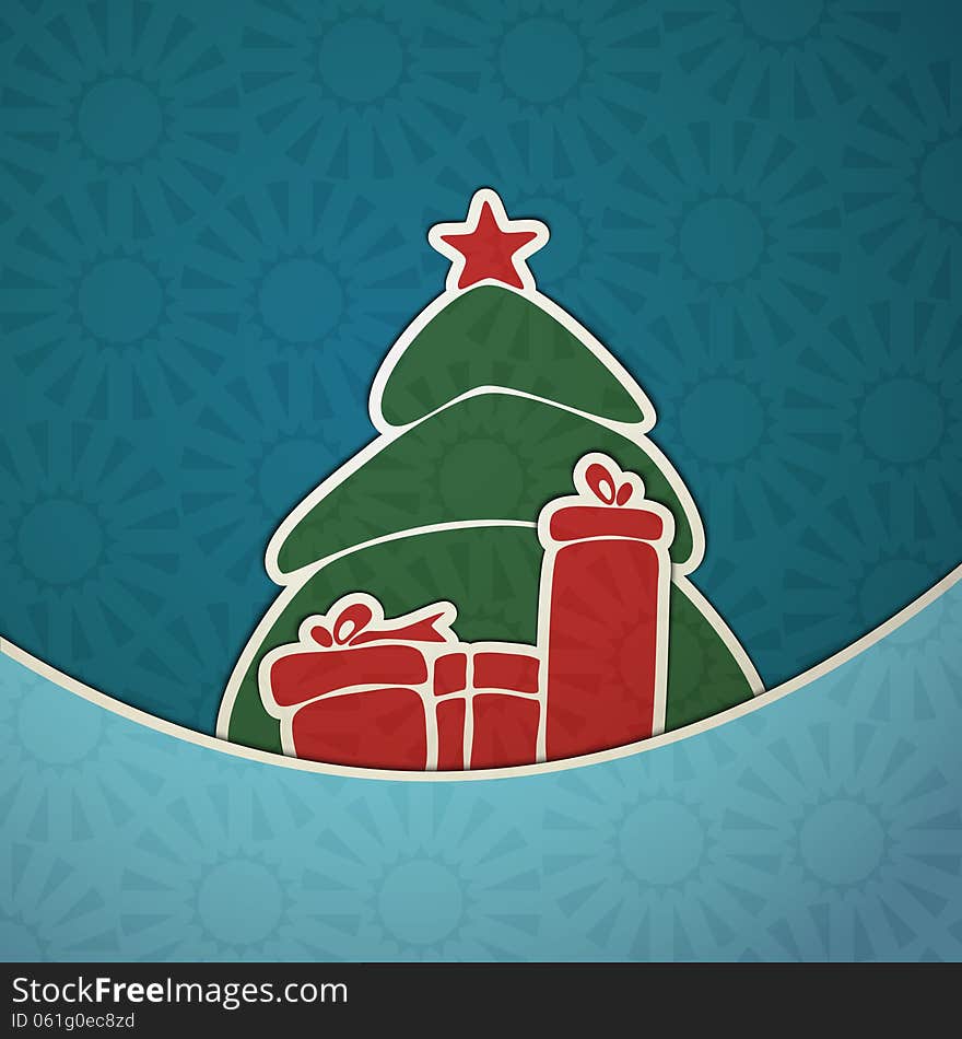 Merry Christmas paper green tree with red gift background. Merry Christmas paper green tree with red gift background