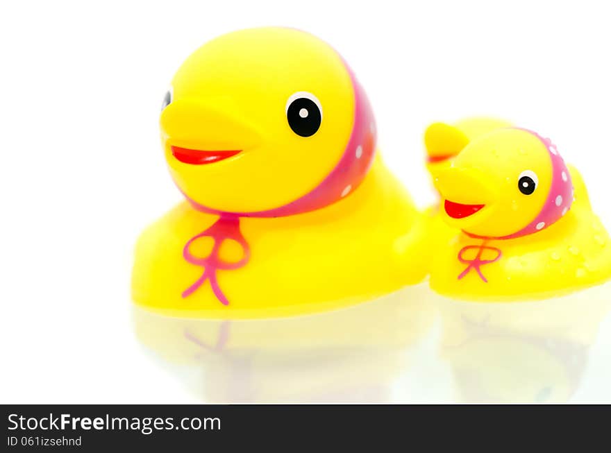 1 mommy duck and 2 small rubber duckies on a white background. 1 mommy duck and 2 small rubber duckies on a white background.