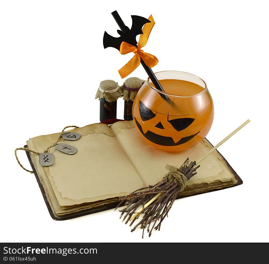 Halloween Drink With Magic Book And Bottles