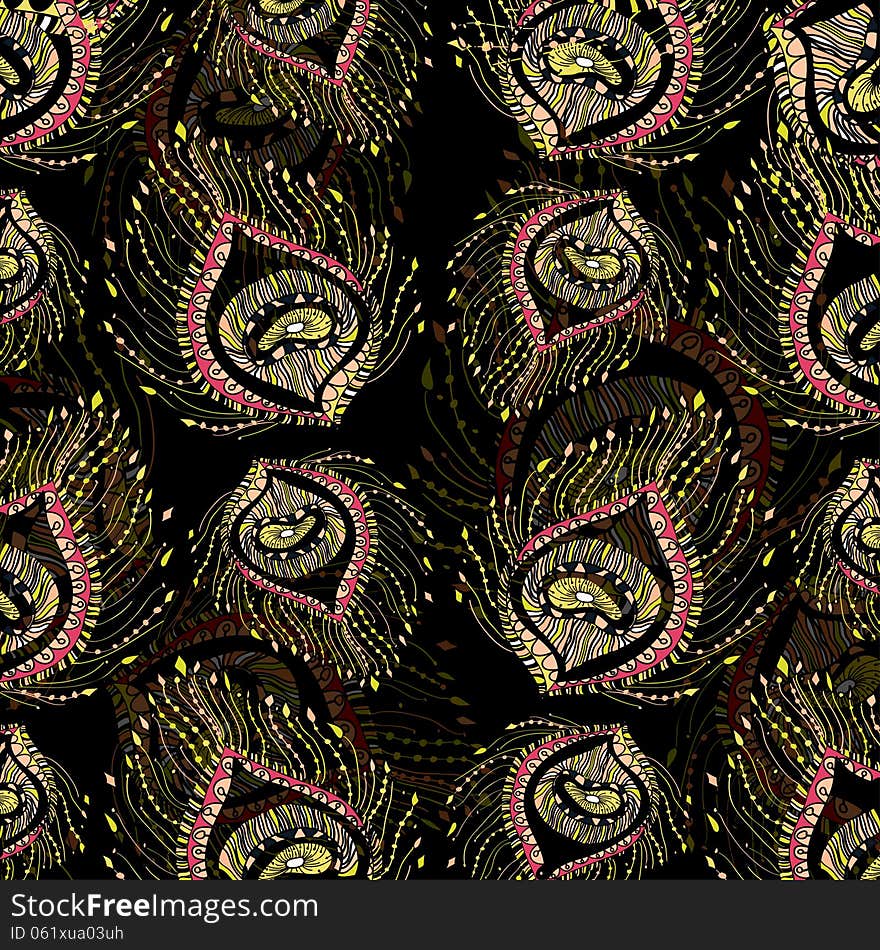 Peacock feather in black background. Vector