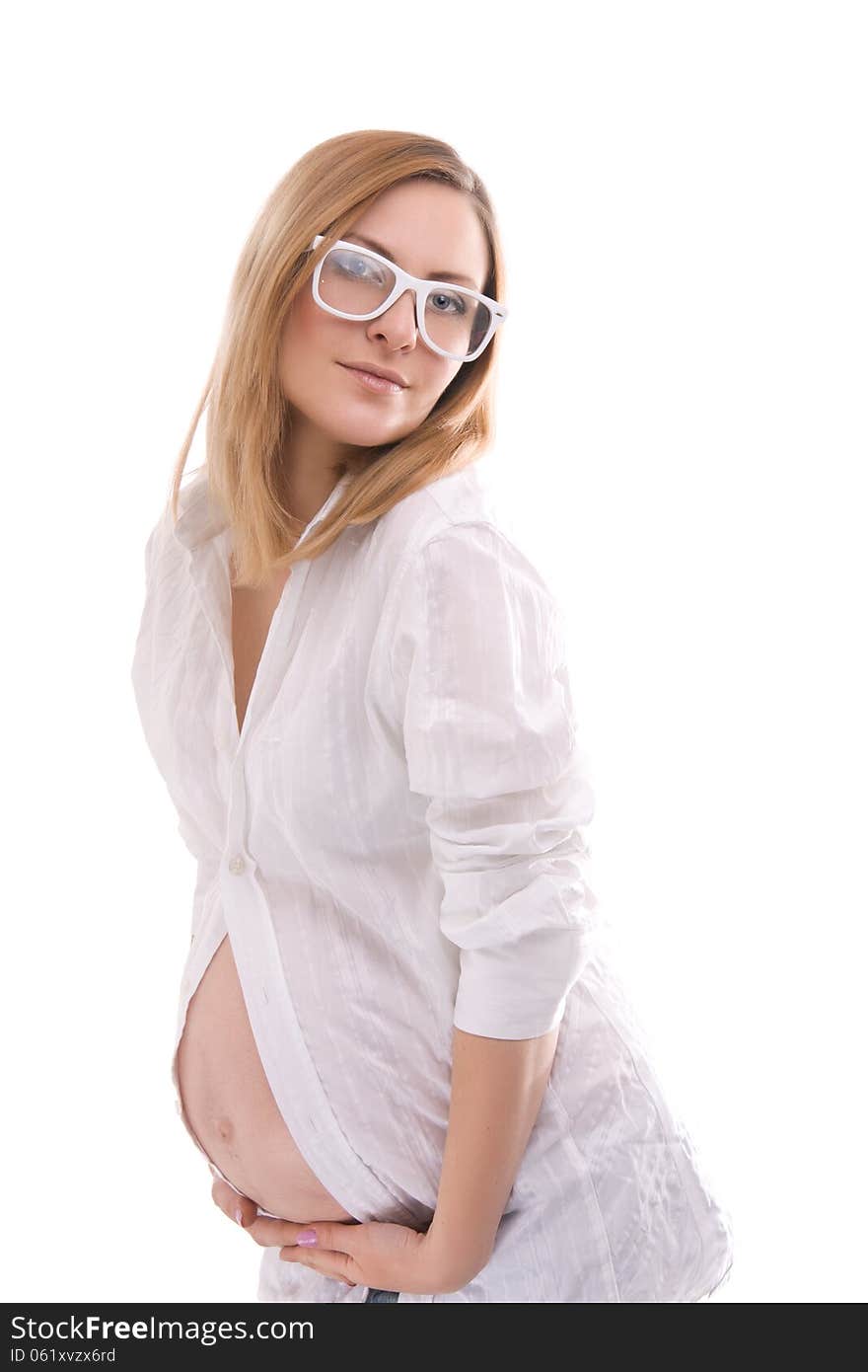 Pregnant In White Shirt And Glasses