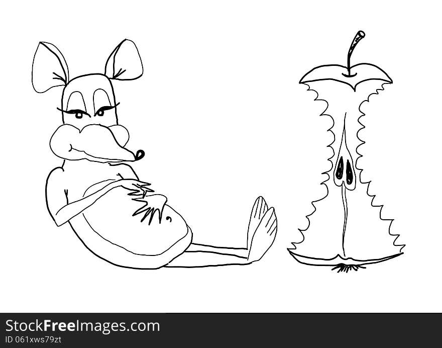 Hand drawn cartoon mouse with an apple