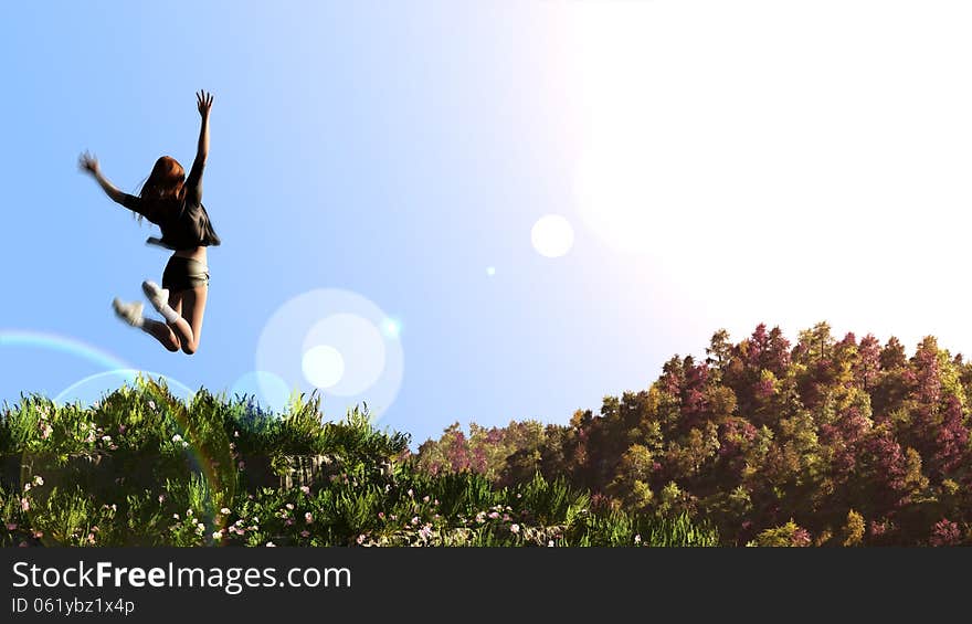 Happy girl jumps to the sky in the yellow meadow as health concept