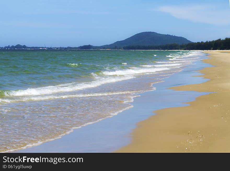 Beach sand and blue sky with wave on beach Ban Glood at sea of country, Thailand. Beach sand and blue sky with wave on beach Ban Glood at sea of country, Thailand