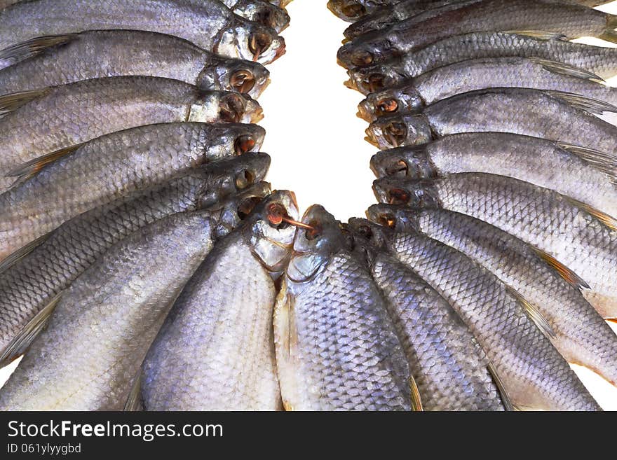 Salted and dried river fish on a white background.