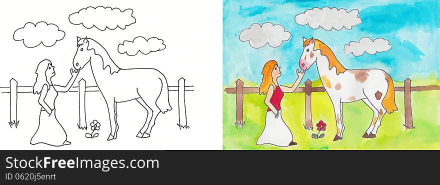 Girl caresses a white horse at the fence-color drawing. Girl caresses a white horse at the fence-color drawing