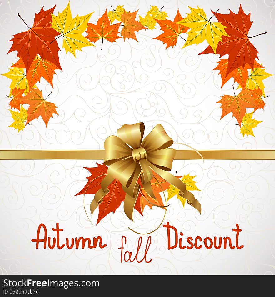 Vector illustration of autumn sales and discounts for advertising with a bow in the middle. Fully layered, hand drawn title. Vector illustration of autumn sales and discounts for advertising with a bow in the middle. Fully layered, hand drawn title.