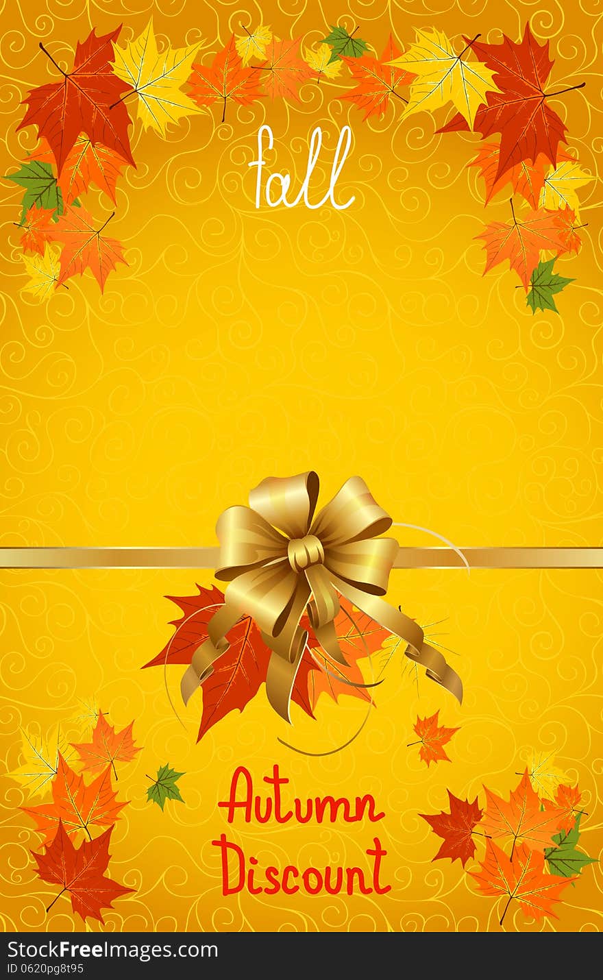 Vector illustration of autumn sales and discounts for advertising with a bow in the middle on yellow background. Fully layered, hand drawn title. Vector illustration of autumn sales and discounts for advertising with a bow in the middle on yellow background. Fully layered, hand drawn title.