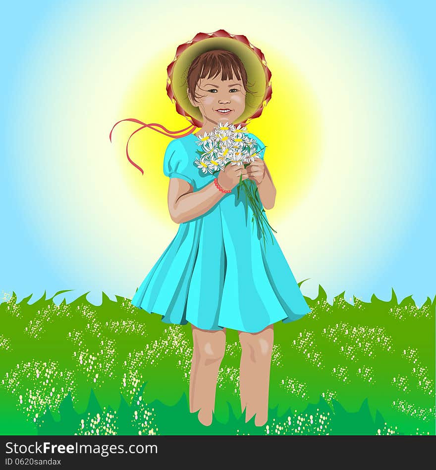 Vector illustration of little girl in blue dress and summery bonnet with bouquet of camomile. Vector illustration of little girl in blue dress and summery bonnet with bouquet of camomile.