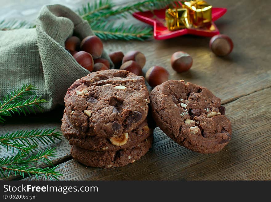 Cookies, nuts and gift and Christmas tree