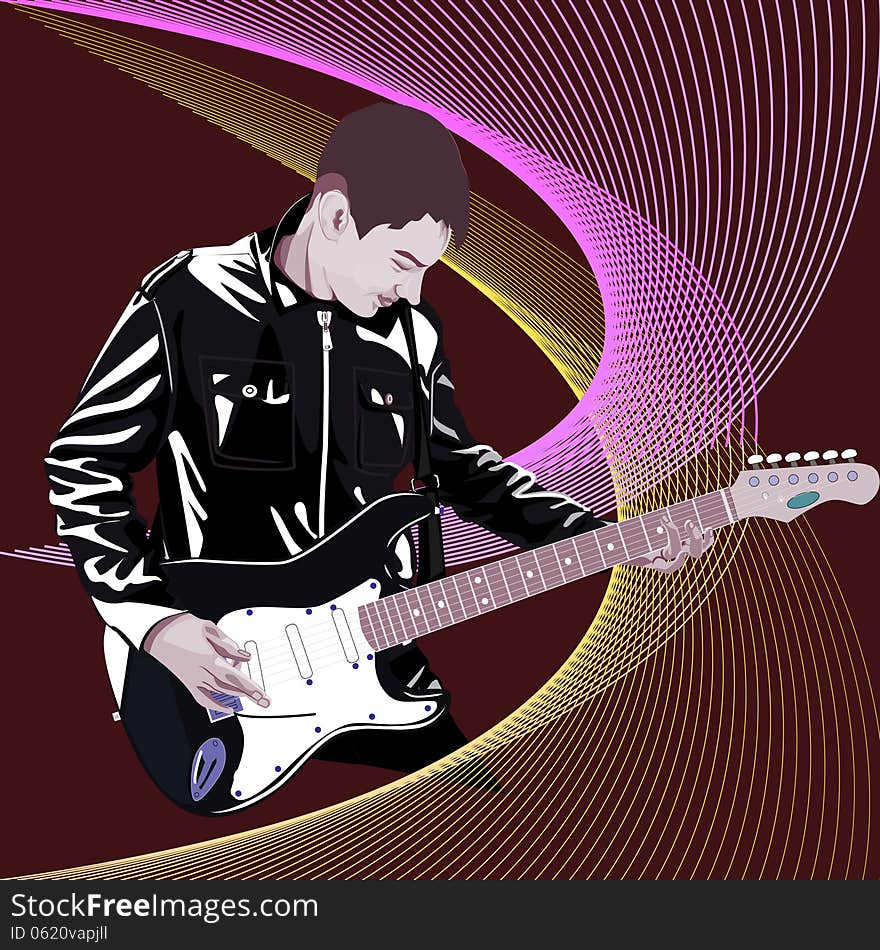 Simle vector illustration of young man with gitar on vinous background.eps8. Simle vector illustration of young man with gitar on vinous background.eps8