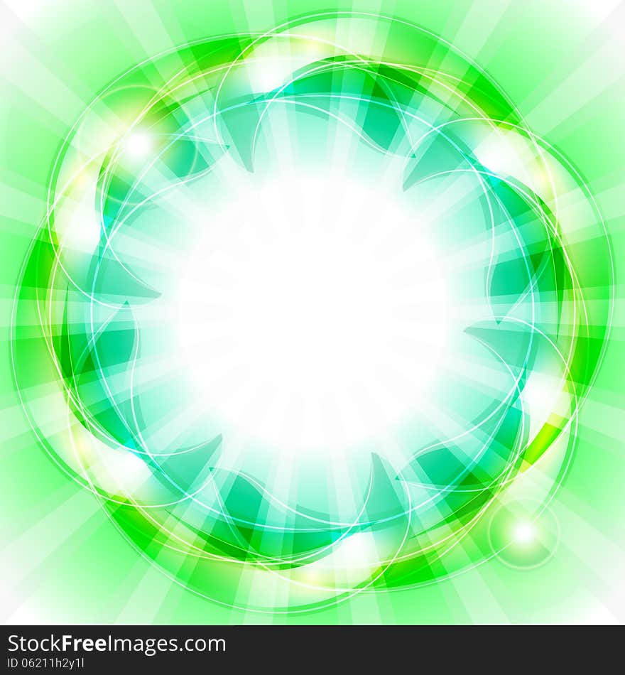 Abstract light green background with round frame and rays. Abstract light green background with round frame and rays