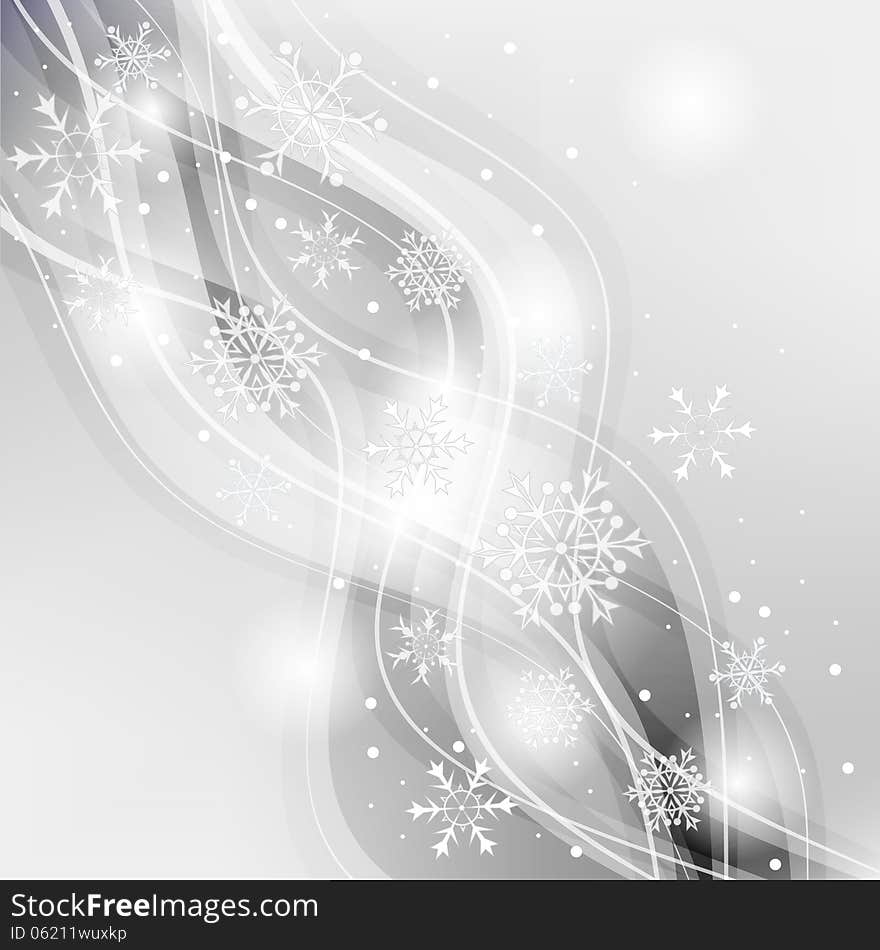 Gray New Year abstract background with waves and snowflakes. Gray New Year abstract background with waves and snowflakes