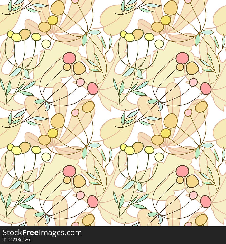 Seamless pale hand drawn pattern with autumn leaves and plants. Seamless pale hand drawn pattern with autumn leaves and plants