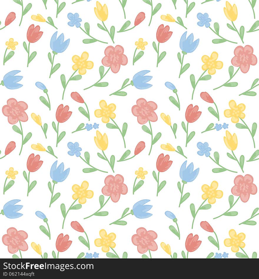 Seamless pastel hand drawn pattern with flowers and leaves. Seamless pastel hand drawn pattern with flowers and leaves