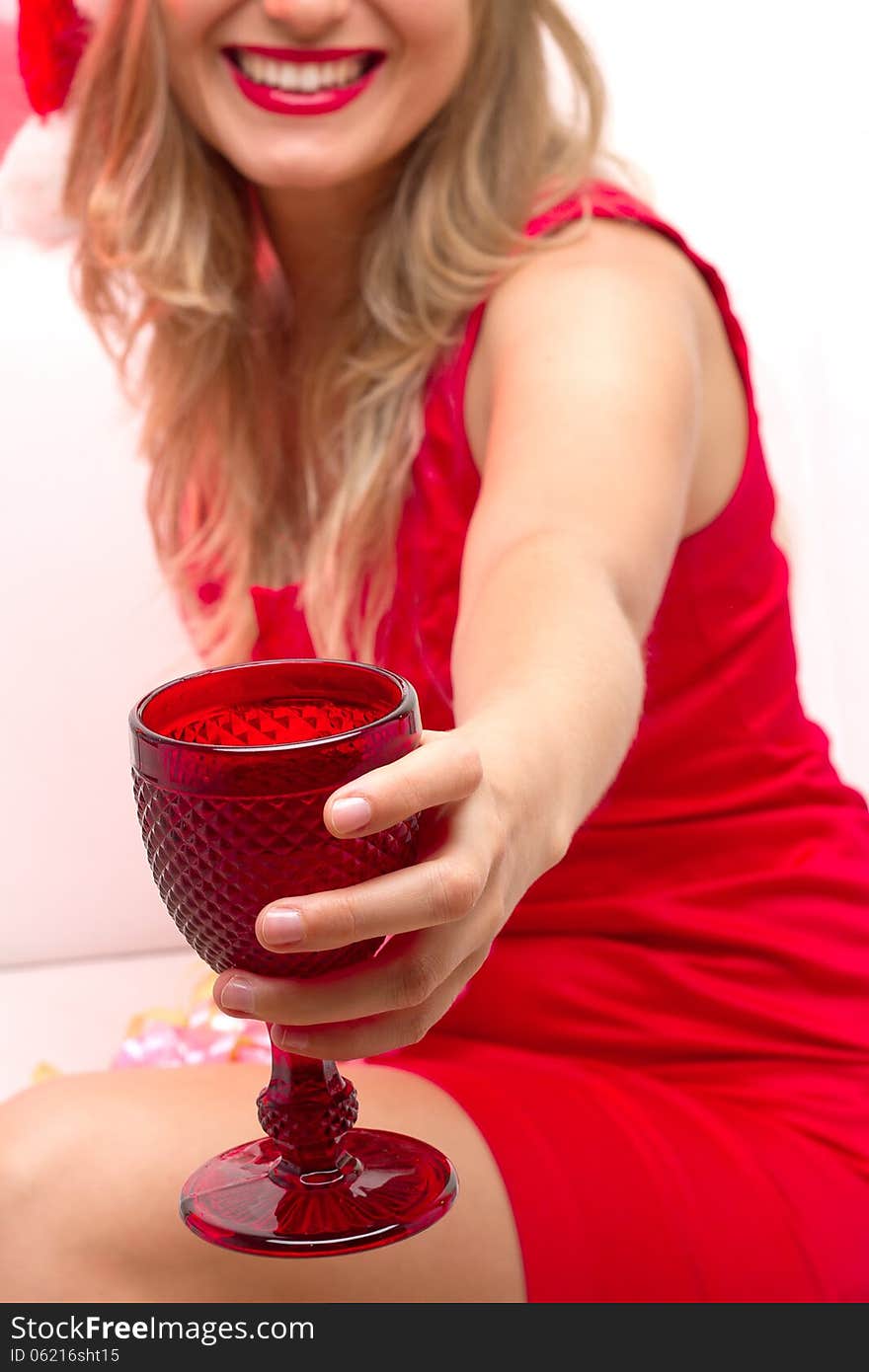 Woman portrait. Beautiful girl hold wine glass.