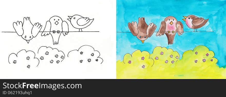 Birds sitting on a wire - colored drawing. Birds sitting on a wire - colored drawing