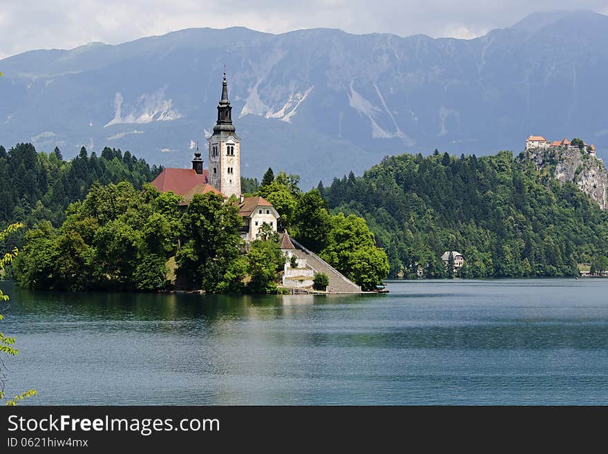 Church on a island in the middle of the Bled lake in Bled