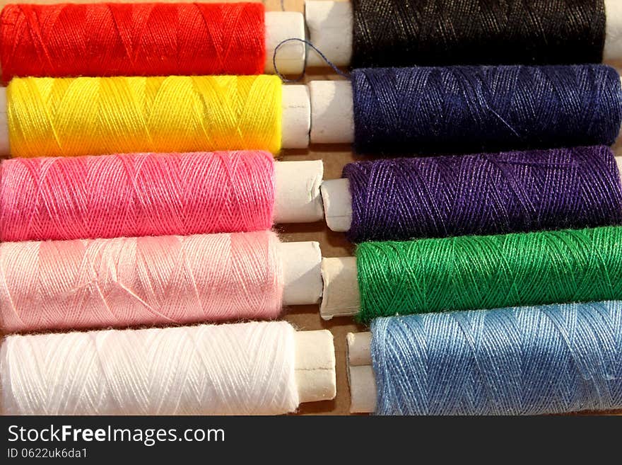 Close up of the variety of colorful threads