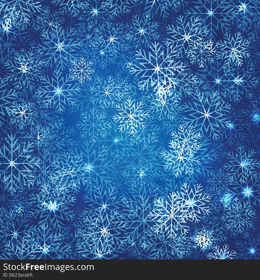 Christmas background in blue dark with magic lights and snowflakes