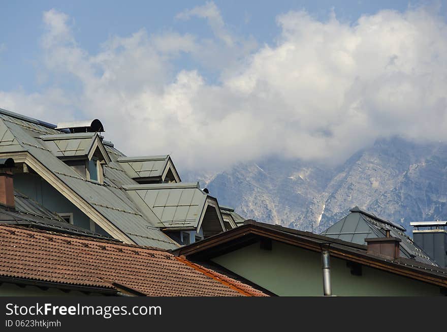 View of the alp mountains above the roof off Kitzbuhe