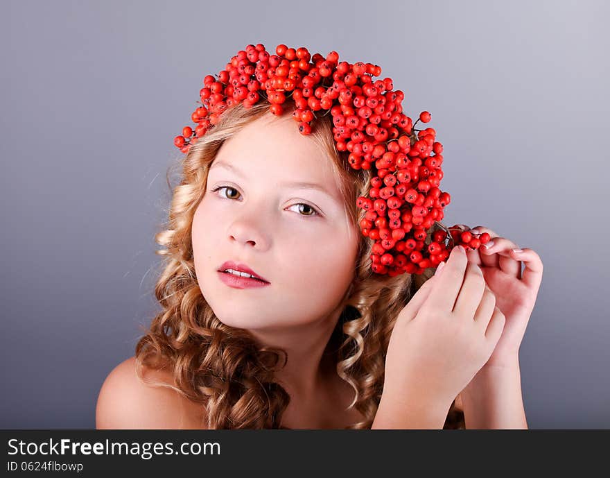 Beautiful girl with diadem from Rowan Berries. Beautiful girl with diadem from Rowan Berries