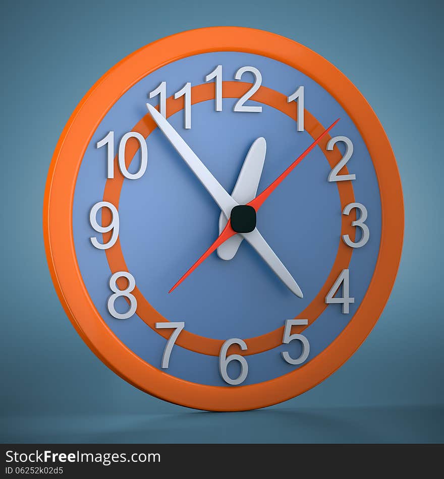 Cartoon-styled clock on dark blue background. 3d illustration